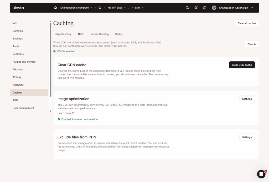 A screenshot of the "Caching" settings page in the MyKinsta dashboard for a live WordPress site. The interface features tabs for Edge Caching, CDN, Server Caching, and Redis. The active CDN tab shows that the Content Delivery Network is enabled, serving static content such as images, CSS, and JavaScript with a 5 GB per file limit. Options include a "Clear CDN cache" button, an image optimization section with enabled lossless compression to WebP format, and a settings area to exclude specific files or paths from the CDN. The sidebar navigation lists technical tools like Backups, Redirects, Plugins and themes, and APM.