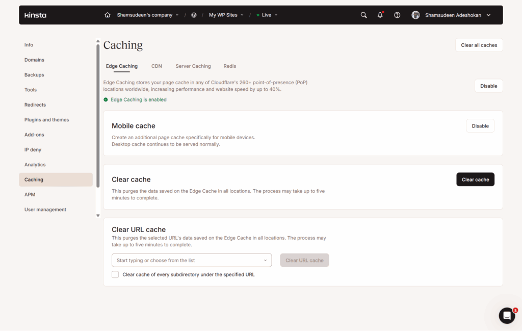 The MyKinsta caching management interface with the Edge Caching tab active. The dashboard shows that Edge Caching is enabled, leveraging Cloudflare's 260+ points-of-presence (PoP) to potentially increase website speed by up to 40%. Key features visible include a "Mobile cache" toggle for creating dedicated caches for mobile devices, a "Clear cache" button for global purges, and a "Clear URL cache" tool for targeted purges of specific pages or subdirectories. The sidebar provides access to other technical utilities like Backups, Redirects, and APM.