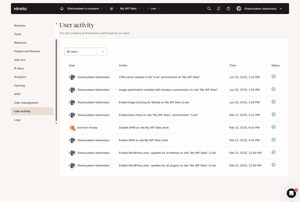 A screenshot of the "User activity" page in the Kinsta hosting dashboard. The interface displays a table of actions performed by users, including "Shamsudeen Adeshokan" and a "bot from Kinsta." Logged events include clearing the CDN cache, enabling lossless image optimization, activating Edge Caching for mobile, and enabling WordPress auto-updates for themes and plugins. Each entry includes a timestamp, such as "Jun 20, 2025," and a green checkmark indicating successful completion. The left sidebar menu highlights "User activity" among other management tools like Caching, APM, and IP deny.