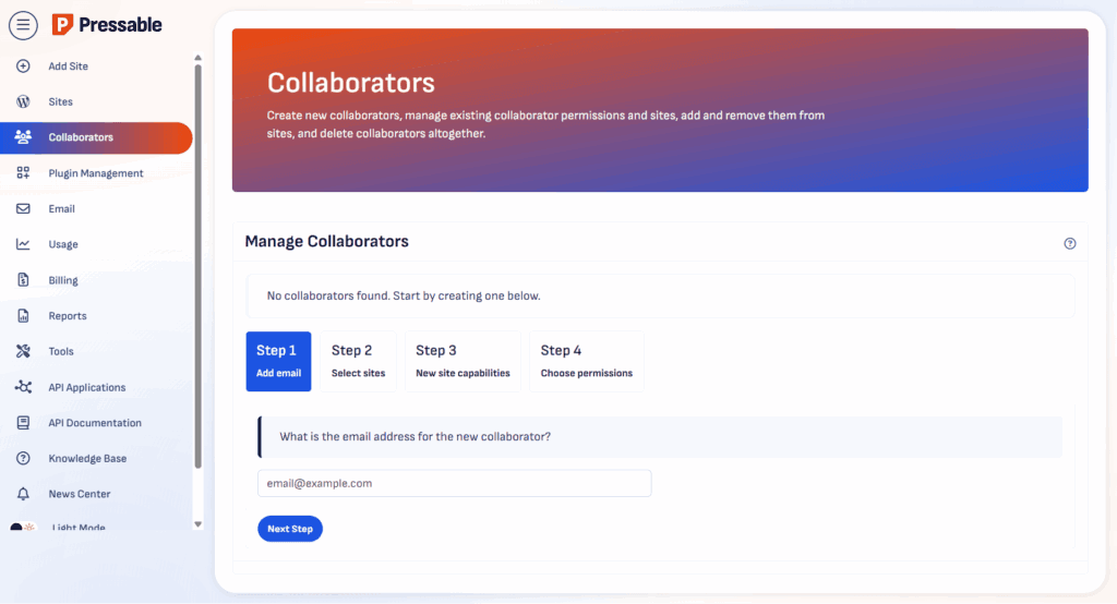 A screenshot of the "Collaborators" management page within the MyPressable dashboard. The interface shows a list of team members with access to the account, including names like "Shamsudeen Adeshokan" and their associated email addresses. The page includes an "Add Collaborator" button and a table detailing each user's specific permissions, such as access to SFTP, databases via phpMyAdmin, and staging environments. Action buttons for each collaborator allow for editing permissions or removing access. The left sidebar menu highlights "Collaborators" under the "Settings" category, alongside options for Backups, Cloning, and Performance.