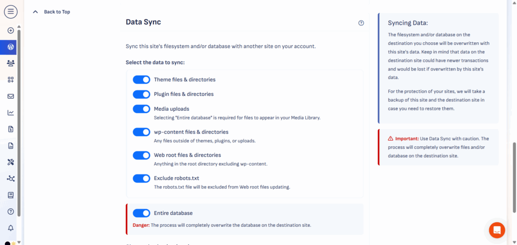 Pressable data synchronization page - CyberNaira The Pressable hosting "Data Sync" dashboard used for synchronizing a site’s filesystem and database with another site on the same account. The interface features a series of blue toggle switches to select specific data for syncing, including Theme files, Plugin files, Media uploads, wp-content, and Web root directories. A red warning box at the bottom highlights the "Entire database" sync option, noting that the process will completely overwrite the database on the destination site.
