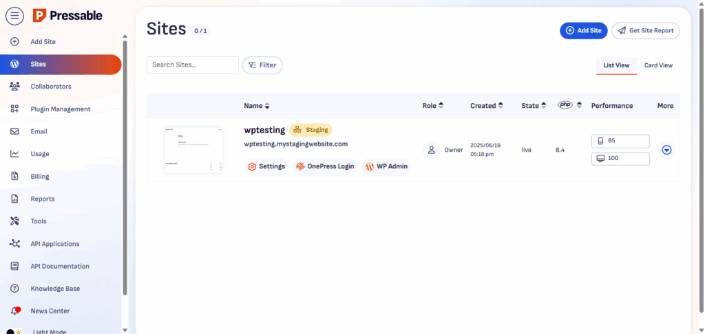 The My Pressable control panel displaying a staging environment for the site "wptesting" on the "wptesting.mystagingwebsite.com subdomain. The interface features a clean, white layout with a sidebar for site management, collaborators, and billing. The main panel shows the site status as "live," the PHP version as 8.4, and performance scores for both mobile (85) and desktop (100). Quick-access buttons for Settings, OnePress Login, and WP Admin are prominent, alongside an "Add Site" button in the top right corner.