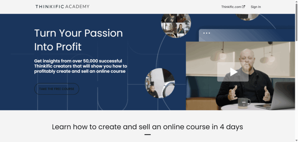 Thinkific Academy landing page featuring the headline "Turn Your Passion Into Profit" and a "Take the Free Course" button.