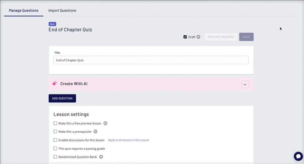 Thinkific course builder interface showing an "End of Chapter Quiz" setup with a "Create With AI" button and lesson settings.