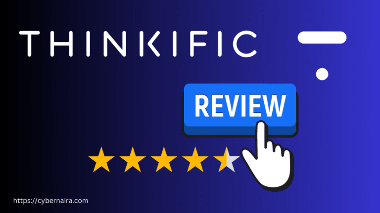 Thinkific review featured image with a five-star rating and a hand clicking a blue review button.