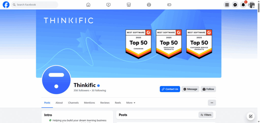 Thinkific Facebook page showing the official verified profile with 35,000 followers and G2 "Best Software 2025" Top 50 awards.