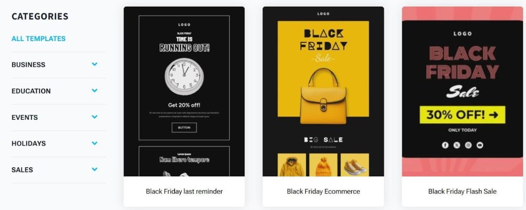 GetResponse email template selection library - CyberNaira The GetResponse email template selection library, featuring a sidebar with categories like Business, Education, Events, Holidays, and Sales. The main gallery displays three high-conversion Black Friday templates: "Black Friday last reminder" with a countdown clock theme, "Black Friday Ecommerce" featuring a yellow designer handbag and a "BIG SALE" headline, and "Black Friday Flash Sale" with a "30% OFF!" call-to-action button. The designs use bold black, yellow, and red color schemes optimized for high-impact seasonal marketing campaigns.