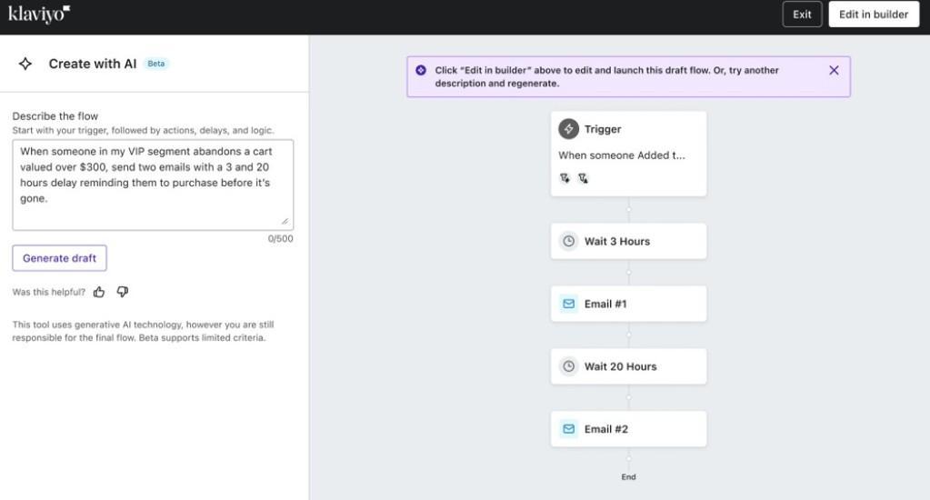 Klaviyo AI Workflow builder - CyberNaira The Klaviyo "Create with AI" beta interface showing an automated flow generated from a text prompt. The left sidebar contains a description box with a prompt: "When someone in my VIP segment abandons a cart valued over $300, send two emails with a 3 and 20 hours delay reminding them to purchase before it's gone." The main workspace displays the resulting visual flow diagram, starting with a trigger for "When someone Added t...", followed by a "Wait 3 Hours" block, "Email #1," a "Wait 20 Hours" block, and "Email #2," ending with a termination point.