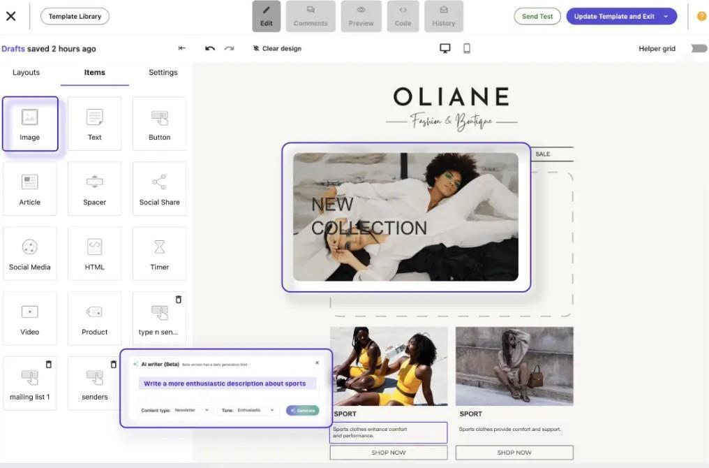 Moosend Email campaign editor - CyberNaira The Moosend email campaign editor interface showing a boutique newsletter draft titled "OLIANE - Fashion & Boutique." The central workspace features a "NEW COLLECTION" hero image and a "SPORT" section with two "SHOP NOW" buttons. A modular sidebar on the left offers drag-and-drop elements including images, text, buttons, social share icons, and videos. An "AI writer (Beta)" popup is active, showing a prompt to "Write a more enthusiastic description about sports" with options to adjust content type and tone to "Enthusiastic."