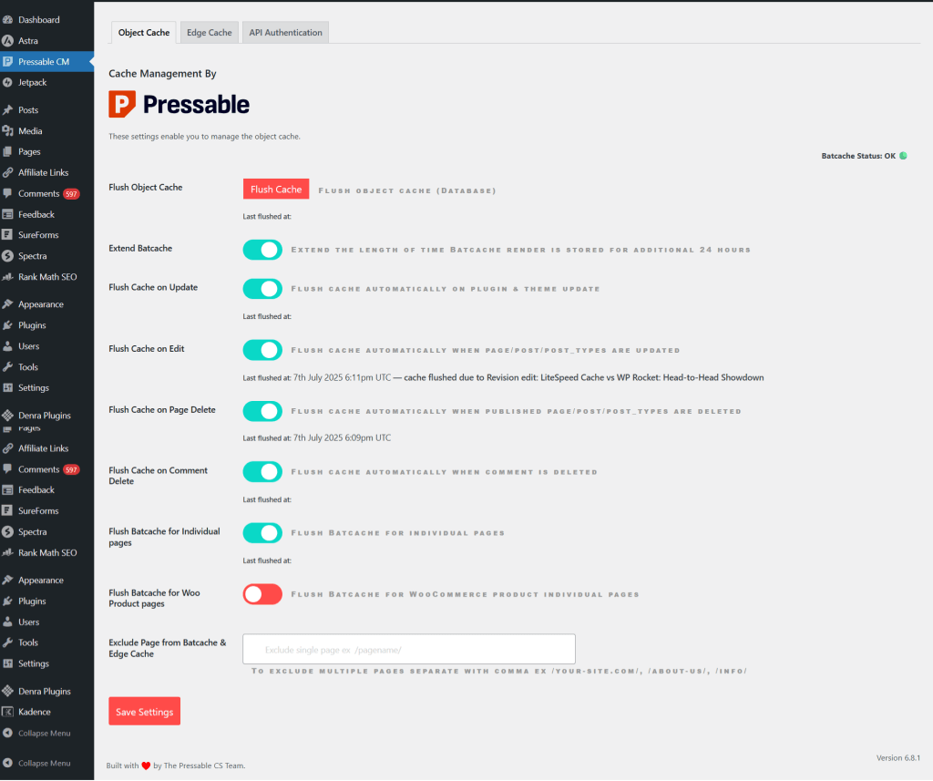 The Pressable Cache Management (CM) plugin interface within a WordPress dashboard. The "Object Cache" tab is active, showing a suite of toggle switches for automated performance rules. Options include "Flush Cache on Update," "Flush Cache on Edit," and "Flush Cache on Page Delete." A "Flush Cache" button in bright red allows for a manual database object cache purge. The interface also features specific controls for Batcache, including extending the render time and flushing cache for individual WooCommerce product pages. A text box at the bottom allows for the exclusion of specific URLs from Batcache and Edge Cache.