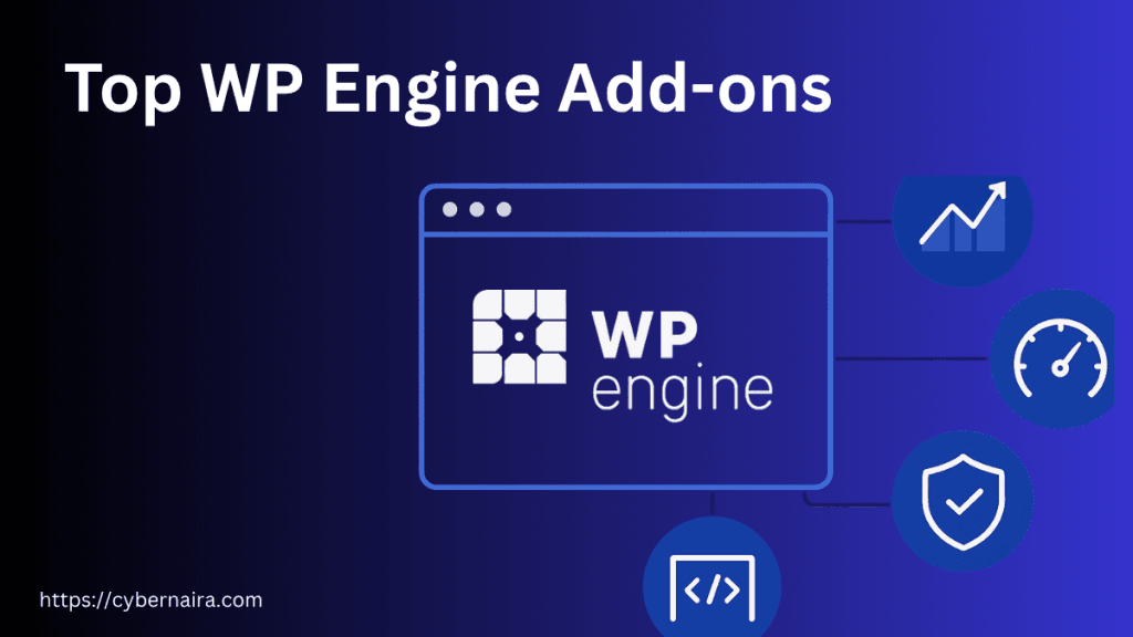 A professional promotional graphic on a dark blue and black gradient background with the header "Top WP Engine Add-ons." The center features a stylized browser window containing the white WP Engine logo. Connecting lines branch out to four circular blue icons representing key performance and security pillars: a growth chart for SEO and analytics, a speedometer for site performance, a shield with a checkmark for advanced security, and a code bracket icon for developer-focused tools. The cybernaira.com URL is watermarked in the bottom-left corner.