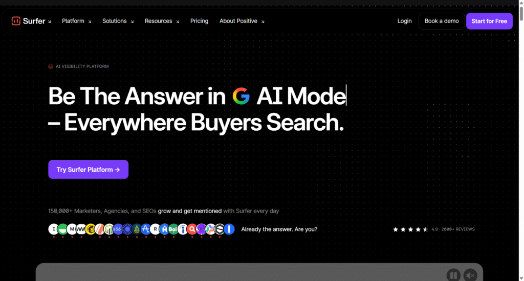 surfer ai visibility platform homepage Surfer website homepage showing the headline "Be The Answer in AI Models" with a purple CTA button against a dark background.