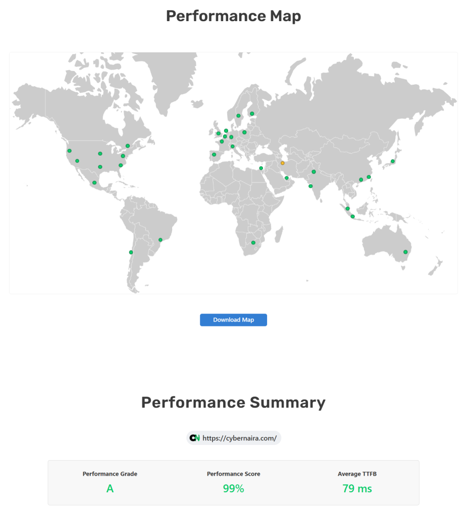 Pressable TTFB Average for Cybernaira test with SpeedVitals - CyberNaira A performance report from SpeedVitals for cybernaira.com featuring a "Performance Map" with green status indicators across North America, Europe, Asia, and Australia. Below the map, a "Performance Summary" displays an overall Performance Grade of A, a Performance Score of 99%, and an exceptionally fast Average TTFB (Time to First Byte) of 79 ms.