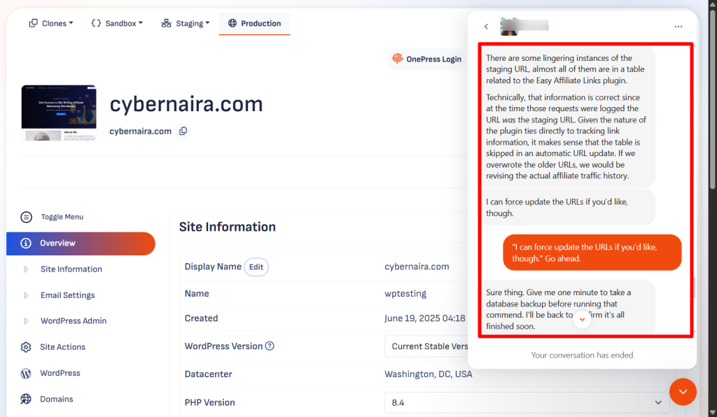 Pressable support rep chats with me - CyberNaira A Pressable dashboard for cybernaira.com featuring a live chat window with a support representative. The chat transcript shows the representative identifying lingering staging URLs in an affiliate plugin table and explaining why they were skipped in an automatic update. The representative offers to force update the URLs, takes a database backup for safety, and executes the command to resolve the issue for the user.