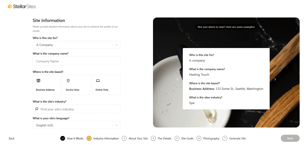 the StellarSites AI Wizard setup page for collecting site information. The left side features a form with fields for company name, target audience, and language selection, alongside buttons to choose between a physical business address, service area, or online-only presence. The right side shows a preview card with example data for a spa company named "Healing Touch" based in Seattle, Washington. A seven-step progress bar at the bottom tracks the journey from "How it Works" to "Generate Site."