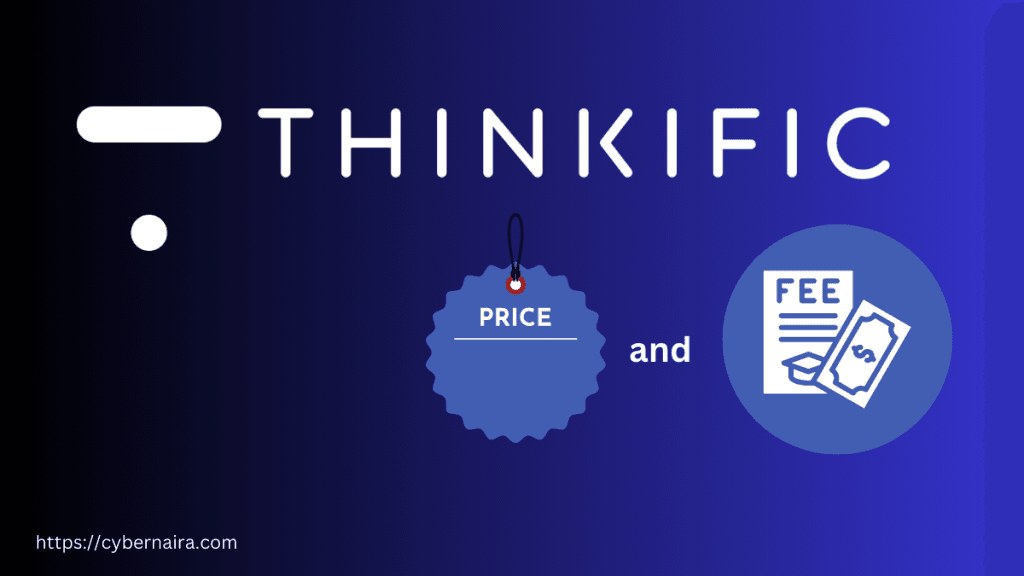 Blue banner showing Thinkific brand logo, a price tag with the word "price" and "free" in another circle element.