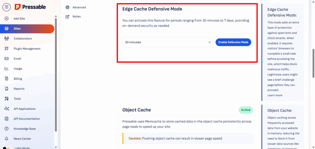 Pressable dashboard Edge Cache settings displaying the Defensive Mode feature with a 30-minute activation timer and an Enable Defensive Mode button.