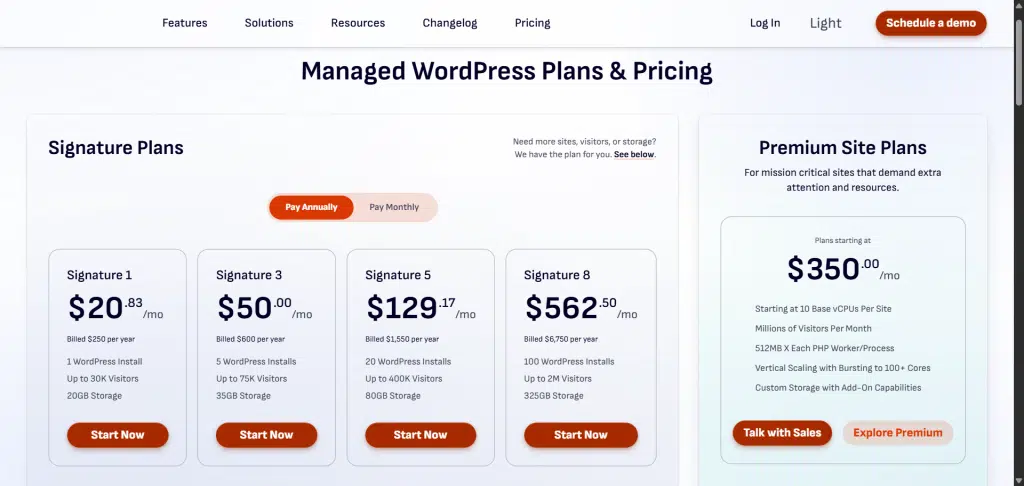 Pressable managed WordPress hosting pricing table showing Signature plans with monthly billing options alongside high-resource Premium site plans.