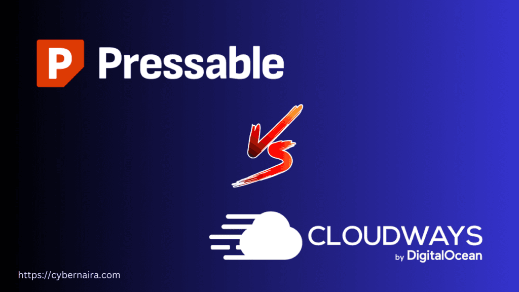 Graphic illustration featuring Pressable and Cloudways logos separated by a versus symbol on a blue background.