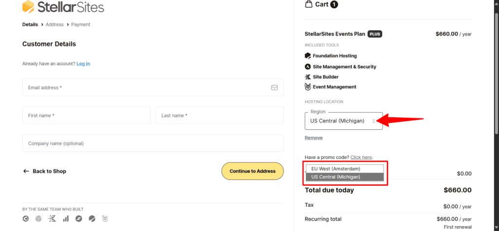 StellarSites checkout page showing customer detail fields and hosting datacenter location selection for US or EU regions.