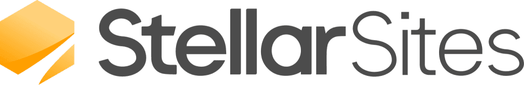 StellarSites logo featuring a yellow geometric icon and grey text on a white background.