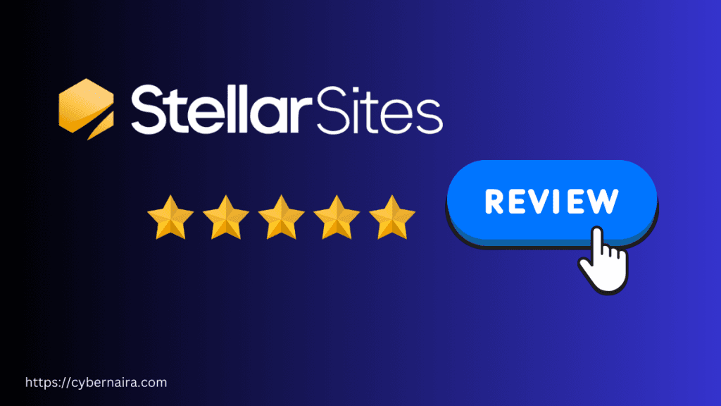 StellarSites logo with five gold stars and a blue "REVIEW" button on a blue gradient background.