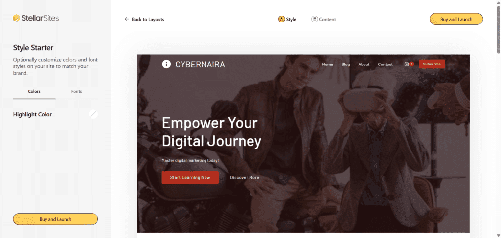 StellarSites Style Starter editor showing a demo website for Cybernaira with color and font customization options.