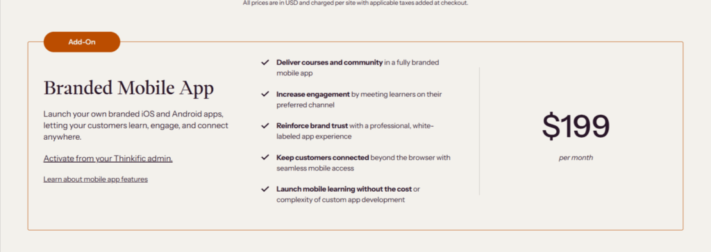 Thinkific branded mobile app add-on pricing showing custom iOS and Android app features for 199 dollars per month.