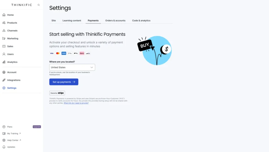 Thinkific settings menu showing the Payments tab with options to activate checkout and payment features powered by Stripe.