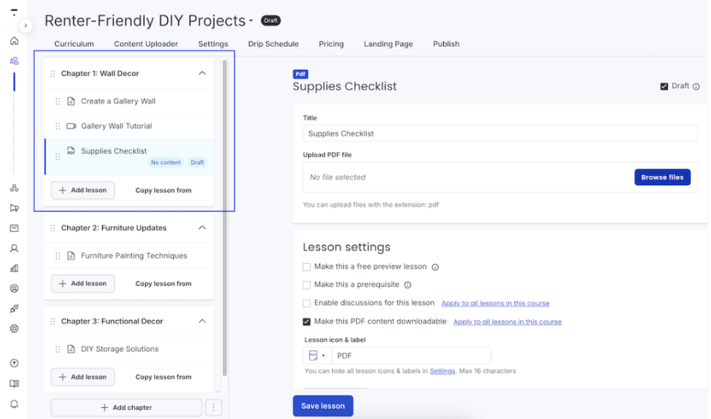Thinkific course builder interface showing the course builder features
