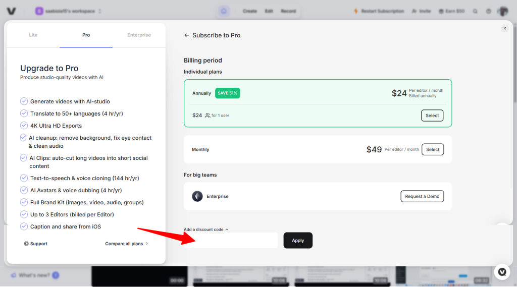VEED Checkout page with option to enter discount code - CyberNaira VEED Checkout page with option to enter discount code