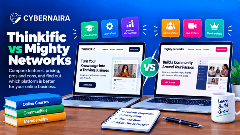 CyberNaira graphic comparing Thinkific and Mighty Networks platforms featuring dual laptops displaying landing pages, category badges, stacked textbooks, and a comparison notepad.