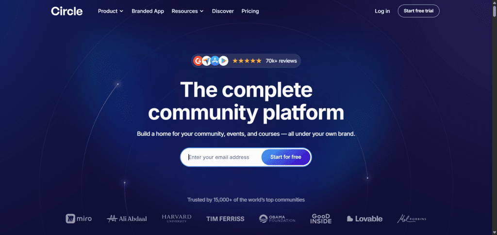 The Circle.so homepage features a dark blue background with a large heading "The complete community platform" in white text. Above it is a review badge showing 5 stars and "70k+ reviews" with platform icons. Below the heading is a subheading stating "Build a home for your community, events, and courses — all under your own brand." An email signup field and "Start for free" button appear below. At the bottom is text reading "Trusted by 15,000+ of the world's top communities" followed by a row of company logos including Miro, Ali Abdaal, Harvard University, Tim Ferriss, Obama Foundation, Good Inside, Lovable, and Mel Robbins. The navigation menu at the top includes Product, Branded App, Resources, Discover, Pricing, Log in, and Start free trial options.