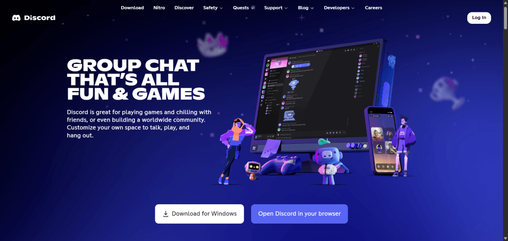 Discord's homepage featuring a dark blue starry background with the main heading "GROUP CHAT THAT'S ALL FUN & GAMES" in large white text. Below is descriptive text explaining Discord's purpose for gaming and community building. The right side shows an illustration of Discord's interface across multiple devices - a desktop monitor displaying a chat interface with pink and purple elements, a smartphone showing a video call grid, and cartoon characters including Discord's robot mascots (Wumpus and Clyde) in purple and blue colors. At the bottom are two call-to-action buttons: "Download for Windows" (white) and "Open Discord in your browser" (purple). The top navigation bar includes links for Download, Nitro, Discover, Safety, Quests, Support, Blog, Developers, Careers, and a Log In button.