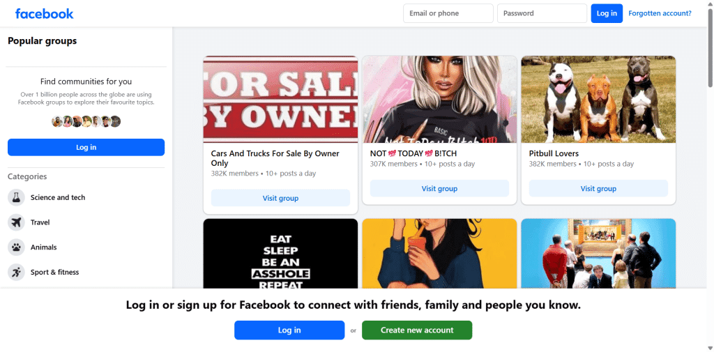 Facebook Groups discovery page showing the main login interface at the top with email/password fields and "Log in" button. Below are featured popular groups including "Cars And Trucks For Sale By Owner Only" (382K members), "NOT TODAY BITCH" (307K members), and "Pitbull Lovers" (382K members), each with their respective cover images and "Visit group" buttons. The left sidebar displays "Popular groups" section with circular profile photos, followed by category filters including "Science and tech," "Travel," "Animals," and "Sport & fitness." At the bottom is a prompt to "Log in or sign up for Facebook" with blue "Log in" and green "Create new account" buttons.