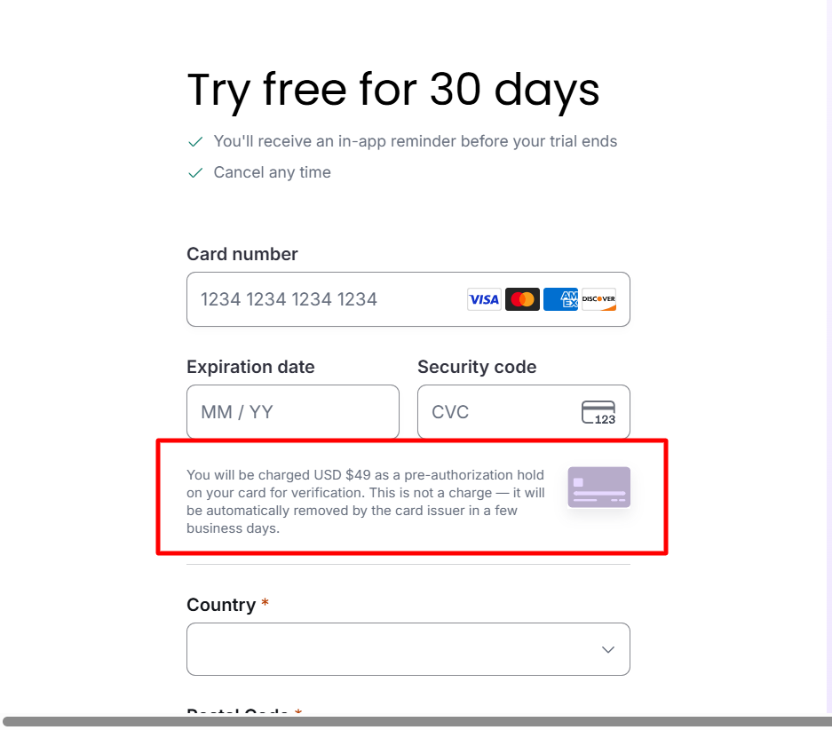 Thinkific free trial 49 authorization charge information - CyberNaira Thinkific free trial signup form with the payment detail field showing the $49 authorization charge information