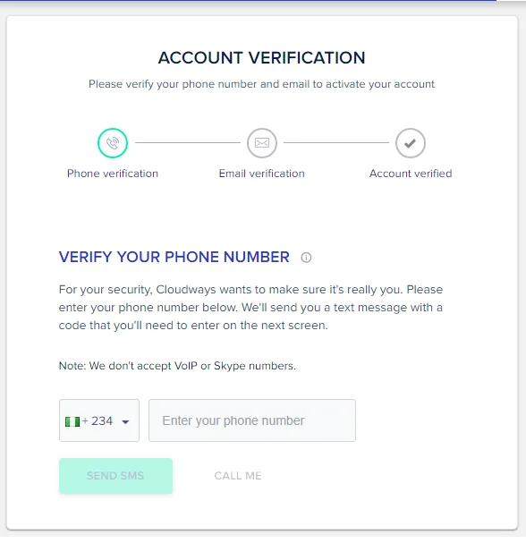 Cloudways account verification screen showing the phone number verification step with a country code selector and input field.