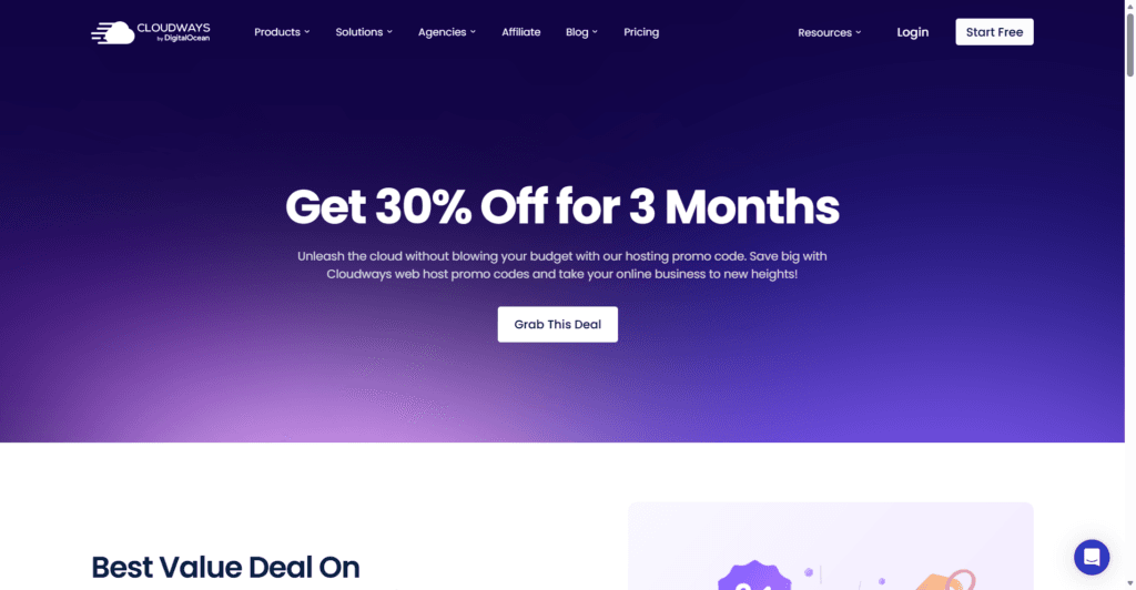 Cloudways homepage banner offering 30 percent off for 3 months with hosting promo code deal.