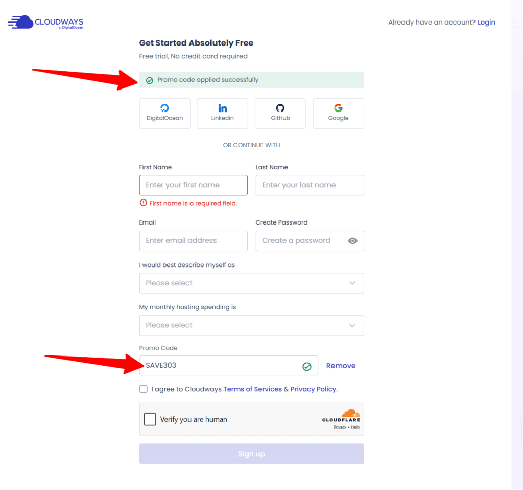 Cloudways signup page showing promo code SAVE303 applied successfully during free trial registration.