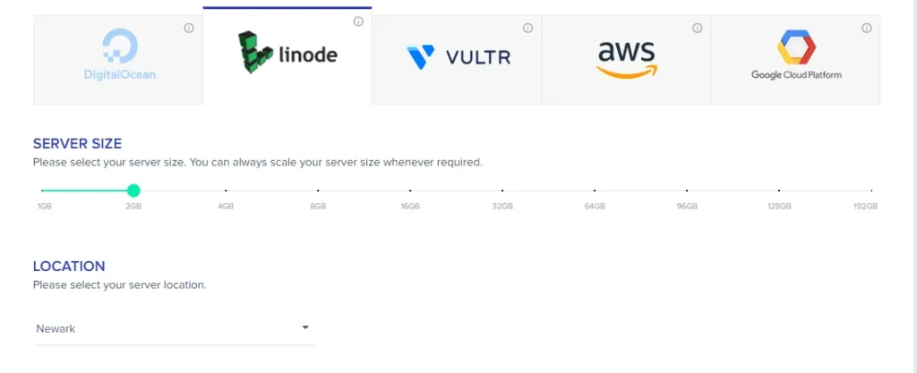 Cloudways server configuration interface showing cloud provider options including DigitalOcean, Linode, Vultr, AWS, and Google Cloud Platform.