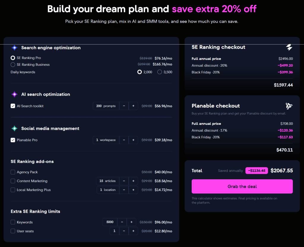 SE Ranking SEO tools and add-on list and prices for the Black Friday offer
