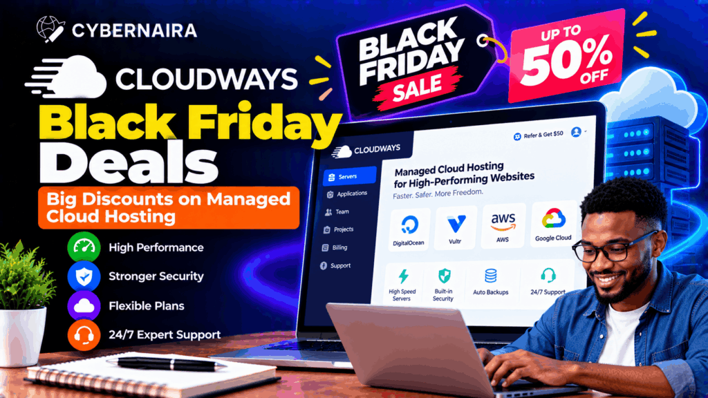 cloudways black friday deals get up to 50 off Man working on laptop showing Cloudways dashboard next to cloud server icons and Black Friday discount tags.