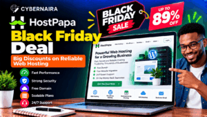 Man pointing to laptop screen showing HostPapa website alongside Black Friday discount tags and web hosting features.