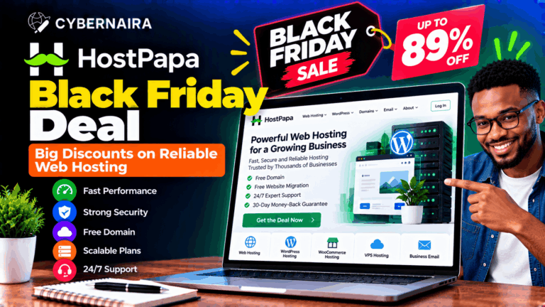 Man pointing to laptop screen showing HostPapa website alongside Black Friday discount tags and web hosting features.