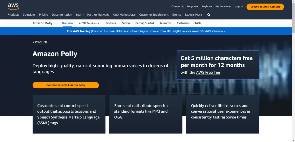 Amazon Polly landing page on AWS highlighting a free tier offer and key features like SSML support and lifelike voices.