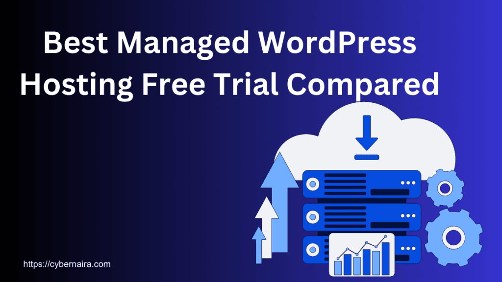 Graphic titled "Best Managed WordPress Hosting Free Trial Compared" featuring server racks, data charts, and cloud icons.