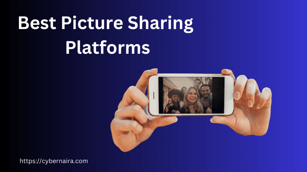 Promotion graphic for best picture sharing platforms featuring hands holding a smartphone displaying a group selfie.