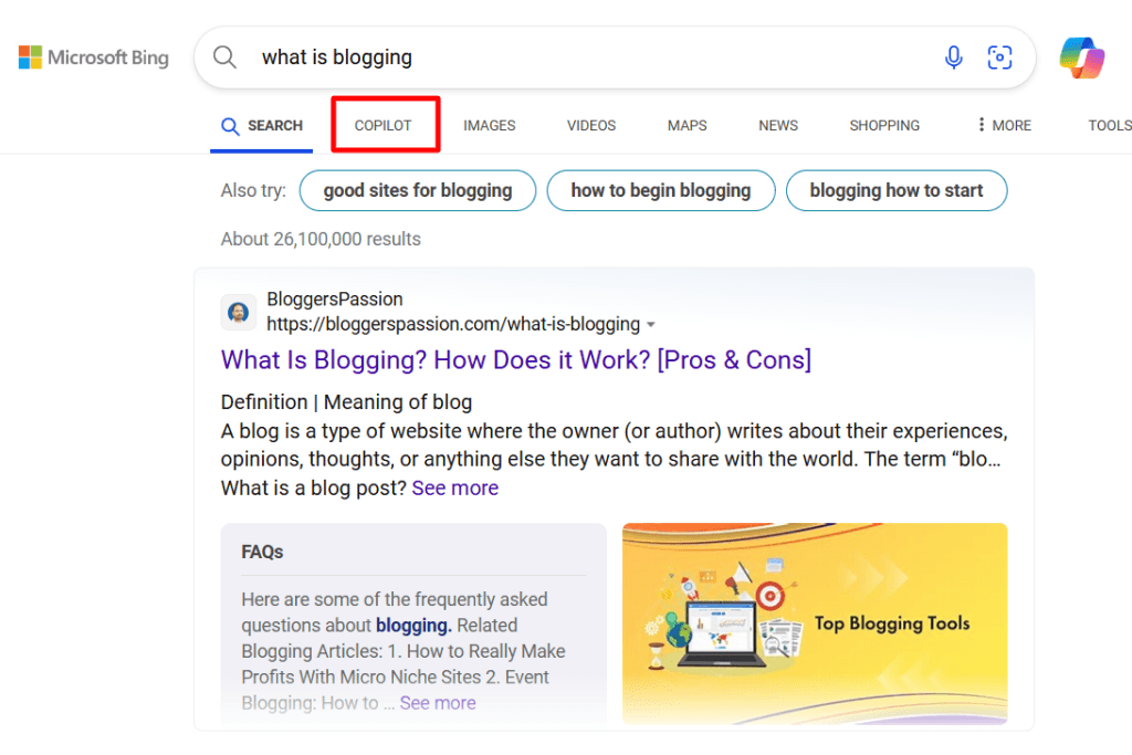 Bing search results page for the query "what is blogging" with a red box highlighting the Copilot menu link.