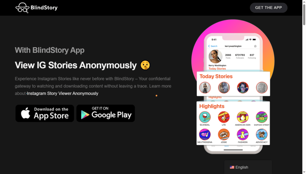 BlindStory app landing page showing features for viewing and downloading Instagram Stories and Highlights anonymously.