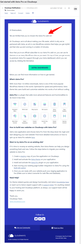 cloudways astra pro activation welcome email Cloudways welcome email confirming Astra Pro add-on activation with setup instructions and feature list.